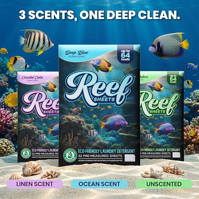 Reef Sheets Laundry Detergent Sheets, 192 loads, Hypoallergenic & Plastic-Free Eco-Friendly Packaging, Gentle on Skin, Tough on Stains, Travel-Friendly, Coastal Calm Linen Scent, 32ct (3 Pack)