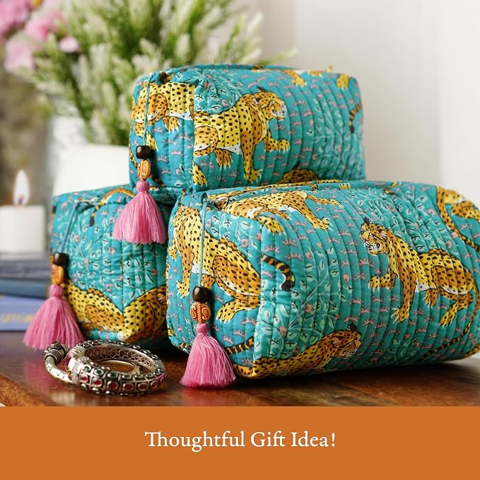 Saffron Marigold Quilted Makeup Bag Set of 3, Hand Block Printed Cotton Cosmetic Bags for Women, Waterproof Lined Travel Toiletry Bag, Coquette Aesthetic, Handmade Gift, Turquoise Cheetah Trails