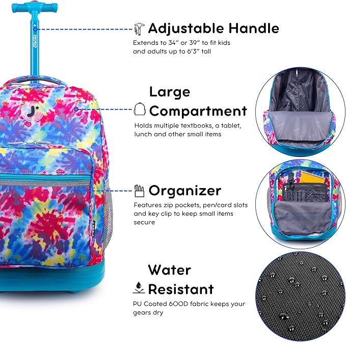 J World Sunrise Kids Rolling Backpack for Girls Boys. Roller Bookbag With Wheels For School, Tie Dye
