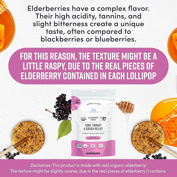 MommaBear Natural Sore Throat Care Lollipops – Elderberry & Honey Kids Cough Lollipops – Organic Sick Essentials Lolli Treats, No Artificial Additives – Tightly Sealed for Freshness (10 Pack)