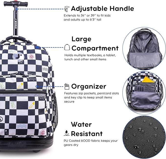 J World Sunrise Kids Rolling Backpack for Boys Girls. Roller Bookbag With Wheels For School, Icon Checkers