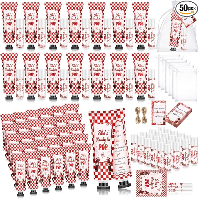 50 Sets 200 Pcs She's Ready to Pop Baby Shower Hand Lotion and Lip Balm Gift Theme Baby Shower Party Favors Travel Size Hand Lotion and Lip Balm Bulk with Organza Bags Tags