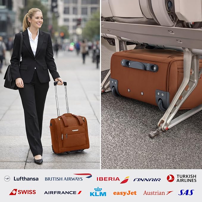 TPRC 15” Underseat Carry-On Luggage Airline Approved Personal Item with USB Charging Port, Brown
