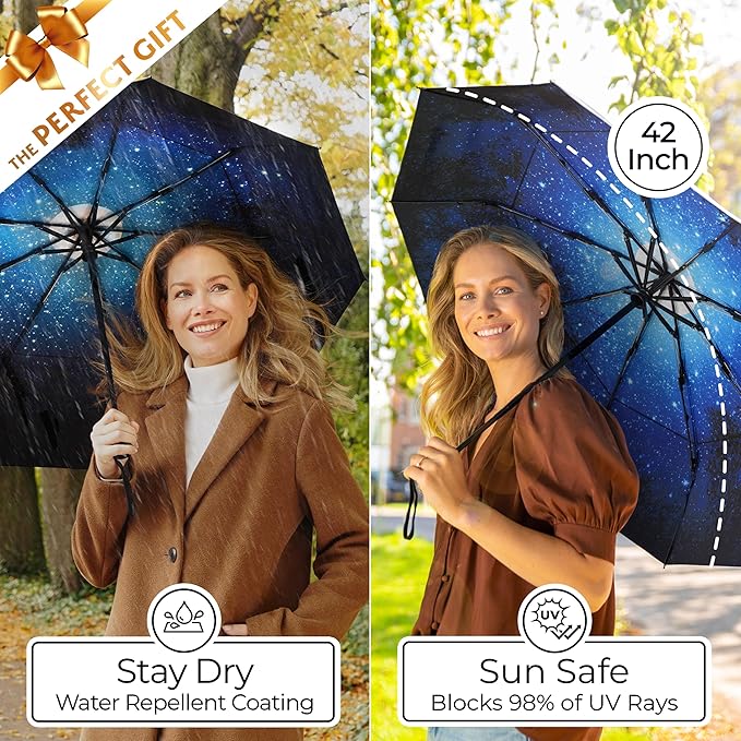TUMELLA Strongest Windproof Travel Umbrella (Compact, 100MPH Wind-Tested), Light, Portable, One-Handed Use, Automatic Folding Rain Umbrella, Durable, Premium Grip, Fits Car & Backpack