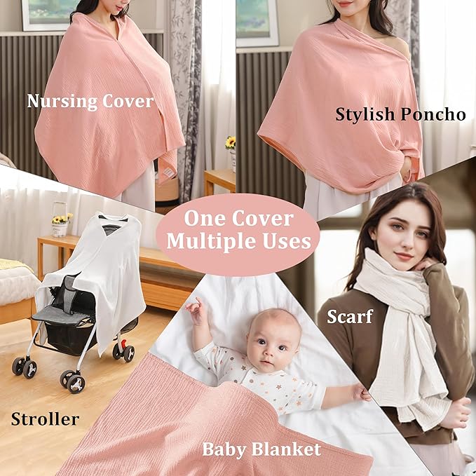 TADO MUSLIN 2-Pack Nursing Covers for Breastfeeding, 100% Organic Cotton Muslin Nursing Cover for Mom, Soft Breathable Breastfeeding Cover, Full Privacy Cover for Nursing, Extra Coverage L Pink White