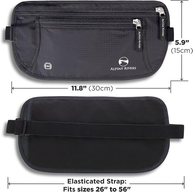 Alpine Rivers RFID Money Belt for Travel - Hidden Waist Pouch Passport Holder with RFID Card Sleeves, Slim and Adjustable Fit for Men and Women