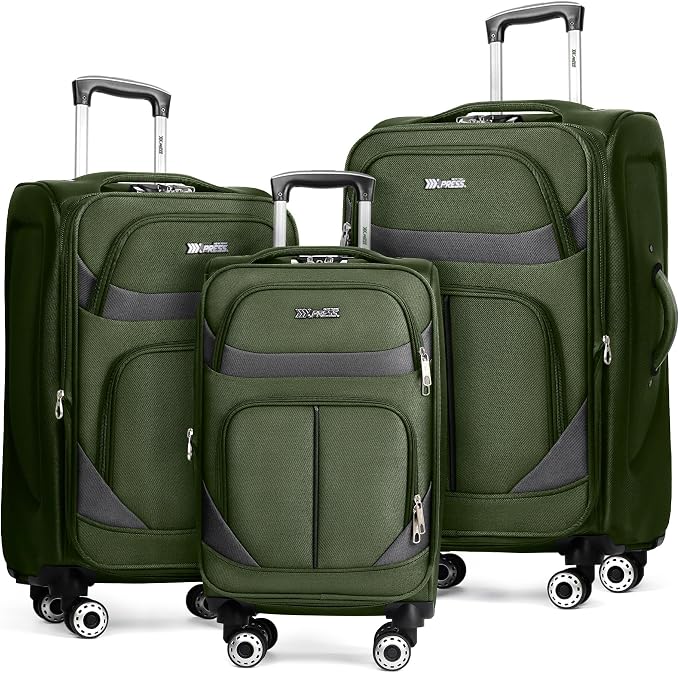 3-Piece Softside Expandable Luggage Set with Front Open Pocket,Lightweight Durable Suitcase Sets Double Spinner Wheels & w/LOCK（Green-Grey,20in/24in/28in）