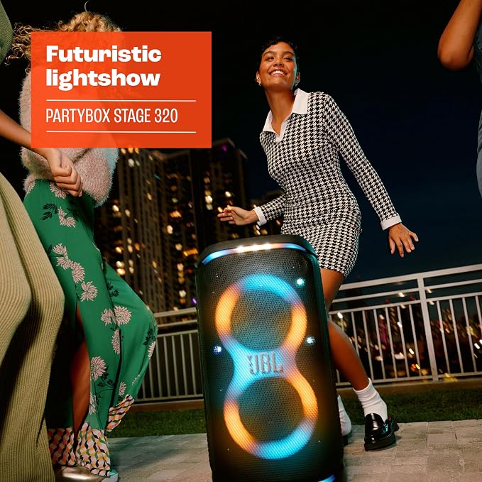 JBL PartyBox Stage 320 - Portable Party Speaker with Telescopic Handle & Wide, Sturdy Wheels, Powerful Pro Sound, Futuristic lightshow, Up to 18 Hours of Play time, Splash Proof (White)