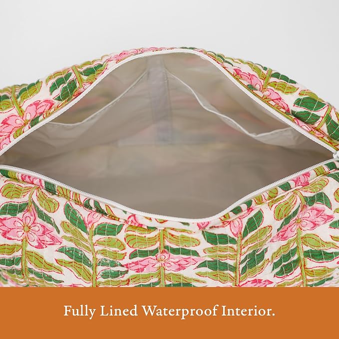 Saffron Marigold Quilted Makeup Bag Set of 3, Hand Block Printed Cotton Cosmetic Bags for Women, Waterproof Lined Travel Toiletry Bag, Coquette Aesthetic, Handmade Gift, Madagascar Periwinkle Vanilla