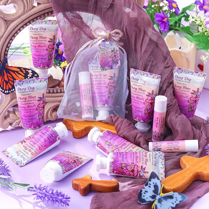 24 Sets Christian Graduation Gifts Hand Cream and Lip Balm Bulk Teacher Appreciation Gifts Bible Verse Thank You Cards with Organza Bag for Graduation Supplies(Cross)