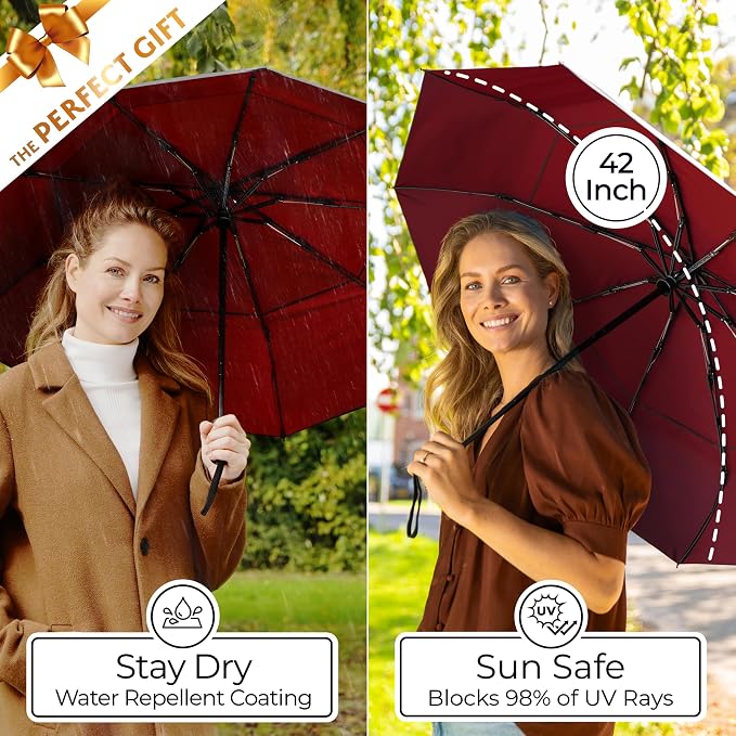 TUMELLA Strongest Windproof Travel Umbrella (Compact, 100MPH Wind-Tested), Light, Portable, One-Handed Use, Automatic Folding Rain Umbrella, Durable, Premium Grip, Fits Car & Backpack