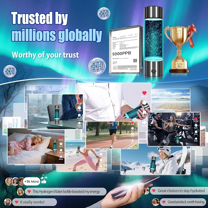 2026 New Hydrogen Water Bottle-Hydrogen Concentration up to 5000 PPB【SGS-Certified Hydrogen Generator】2026 SPE/PEM Technology Odorless Double Hydrogen Content for Sports/Home/Office/Travel HC2
