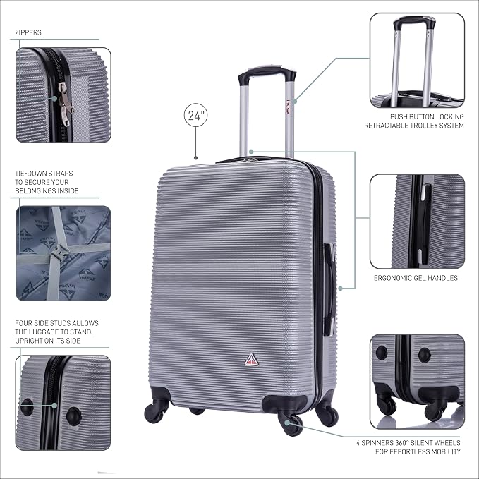 InUSA ROYAL Hardside Spinner Luggage with Ergonomic Handles | Spacious Travel Suitcase with Four Spinner Wheels and Studs | 24 Inch Medium Spinner Luggage | Silver
