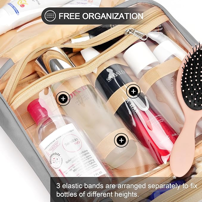 COOSKY Travel Hanging Toiletry Bag for Women, Holds Full-Size Shampoo, with Jewelry Organizer Compartment, Extra Large Makeup Bag, Waterproof Cosmetic Bag, Toiletries Kit Set with Trolley Belt, Grey