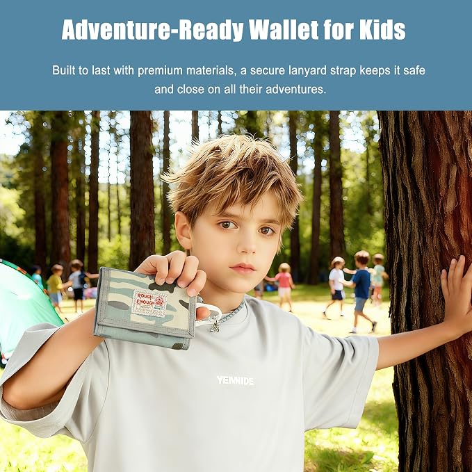 Rough Enough Kids Wallet for Boys Teen, Light Blue Camo Canvas | RFID Blocking, Lanyard, Keychain, 5 Card Slots, 3 Zippered Pockets, Suitable for Travel, Camping, Outdoor Sports