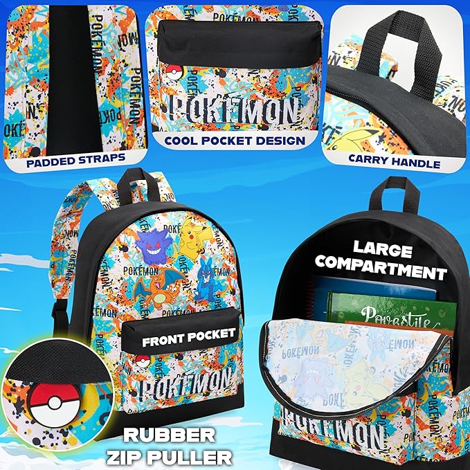 Pokemon Backpack for Kids Teens Boys Girls, Pikachu Anime Backpacks, Bag for Daycare Sports Vacation Travel, School Gift (Multi Graffiti)