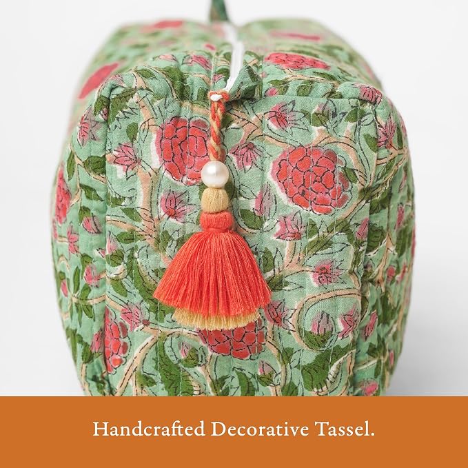 Saffron Marigold Quilted Makeup Bag Set of 3, Hand Block Printed Cotton Cosmetic Bags for Women, Waterproof Lined Travel Toiletry Bag, Coquette Floral Aesthetic, Handmade Gift, Rambling Rose