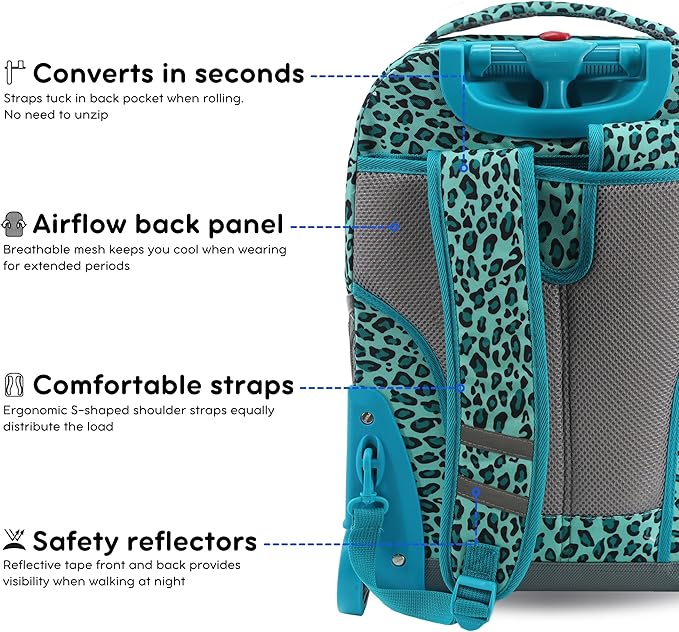 J World Sunrise Kids Rolling Backpack for Girls Boys. Roller Bookbag With Wheels For School, Mint Leopard