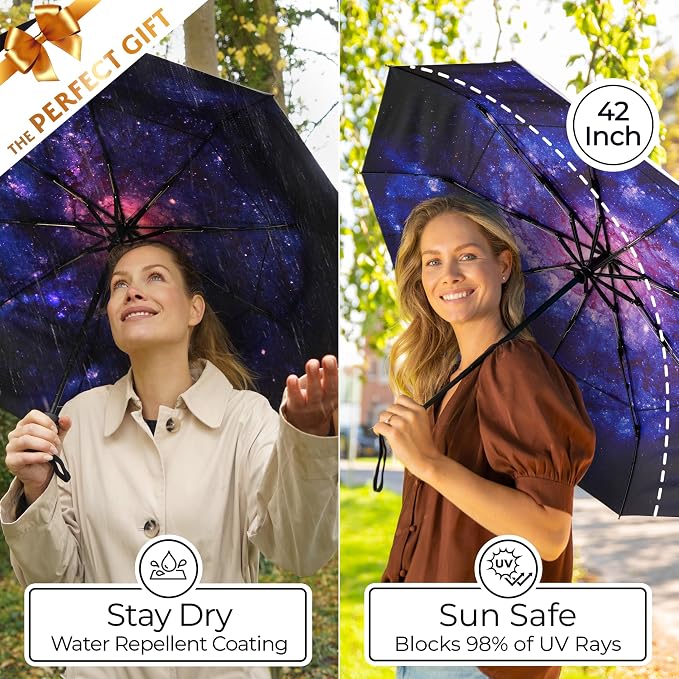 TUMELLA Strongest Windproof Travel Umbrella (Compact, 100MPH Wind-Tested), Light, Portable, One-Handed Use, Automatic Folding Rain Umbrella, Durable, Premium Grip, Fits Car & Backpack