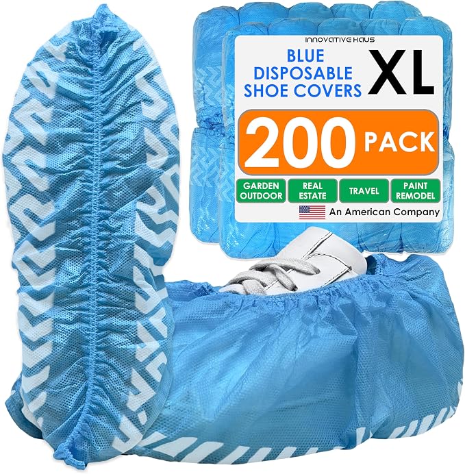 Innovative Haus Blue Indoor Disposable Shoe Covers - Disposable Non Slip Boot Covers - Indoor Reusable Booties - Treads - Water Resistant - 200 Pack, Extra Large