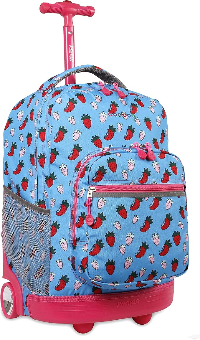 J World Sunrise Kids Rolling Backpack for Girls Boys. Roller Bookbag With Wheels For School, Strawberry