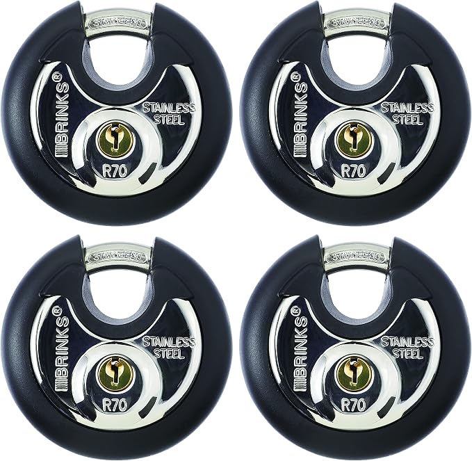 BRINKS Heavy Duty Padlock with Key - 70mm Discus-Shaped Keyed Lock for Storage Shed, Garage, Storage Lockers, Sliding Doors, Tool Box, and Cabinets, 4 Pack
