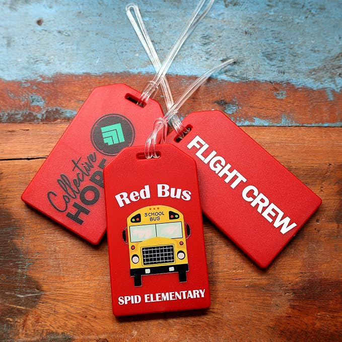 10 Pack - Bulk Custom Luggage Tags - Heavy Duty Personalized Bag Tag for Suitcases or Backpack - Hard Plastic - Add Company Logo, School I’D, Photo - Quality & Detail UV Print by Specialist ID (Red)