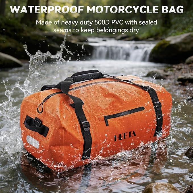 HEETA Waterproof Motorcycle Dry Bag, Waterproof Duffel Luggage Travel Bags with Zippered Closure & Pocket, Shoulder Straps, Large Space for Motorcycling Camping Commuting Boating (Orange, 30L)
