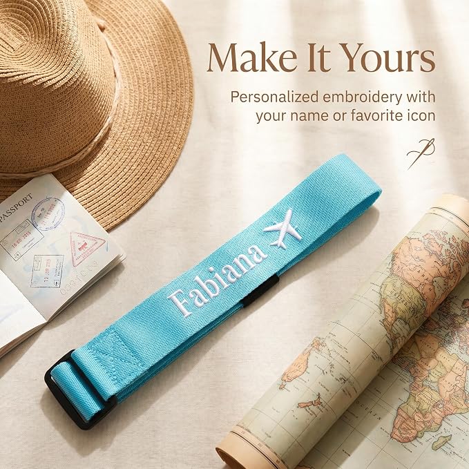 Personalized Luggage Connector Strap with Embroidered Name,4 Pcs Adjustable Elastic Add A Bag Belt for Suitcases and Carry Ons, Easy Travel Baggage Identifier