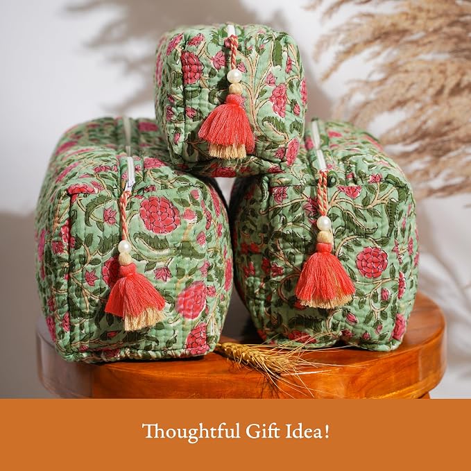 Saffron Marigold Quilted Makeup Bag Set of 3, Hand Block Printed Cotton Cosmetic Bags for Women, Waterproof Lined Travel Toiletry Bag, Coquette Floral Aesthetic, Handmade Gift, Rambling Rose