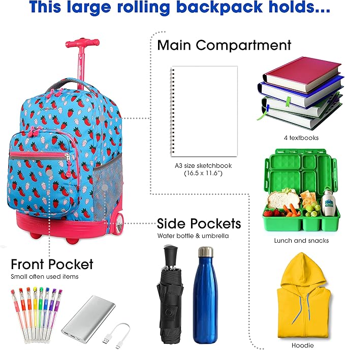 J World Sunrise Kids Rolling Backpack for Girls Boys. Roller Bookbag With Wheels For School, Strawberry