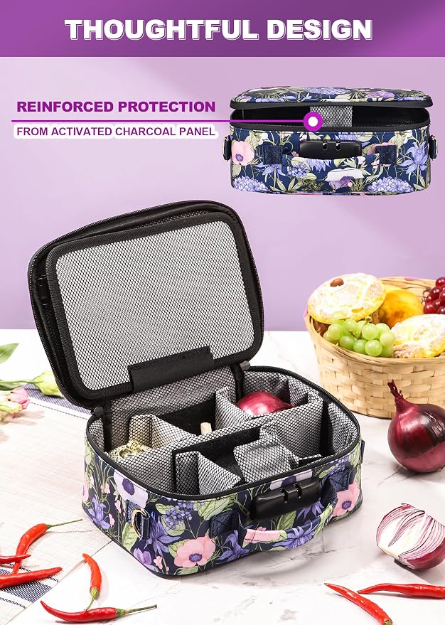 Storage Bag with Combination Lock and 10 Accessories, Travel Medicine Storage Lock Box, Carbon Lined Sling Pouch, Cosmetic Organizer Container Case, Women, Purple