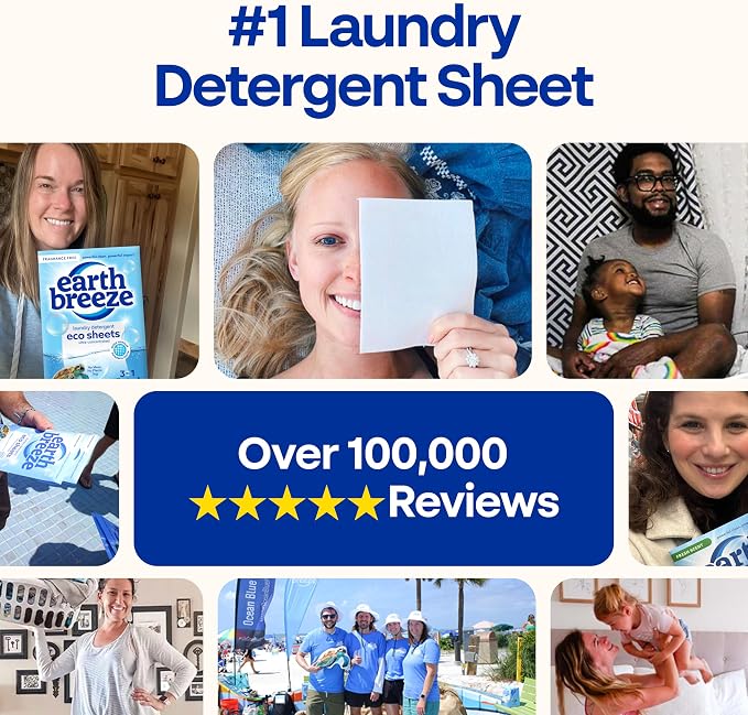 Earth Breeze Laundry Detergent Sheets Fragrance-Free - 60 Loads Eco Liquidless Soap - Travel-Friendly for Hot & Cold Cycles, Tackles Tough Stains & Odors - Gentle on Sensitive Skin, 30 Ct