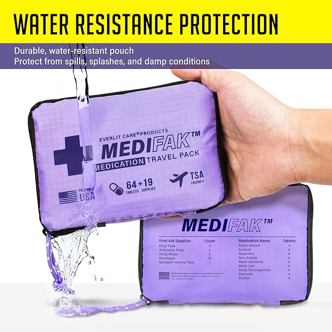 EVERLIT CARE Travel Essential Medicine First Aid Kit I Bonus Medical Supplies I TSA Compliant Mini Size Medkit for Traveling Camping Trips Individually Packed 64 Tablets (Purple)