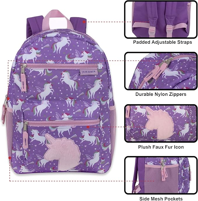 Trail maker 17” Kids Character School Backpacks Plush for Girls with Side Pockets, Padded Straps