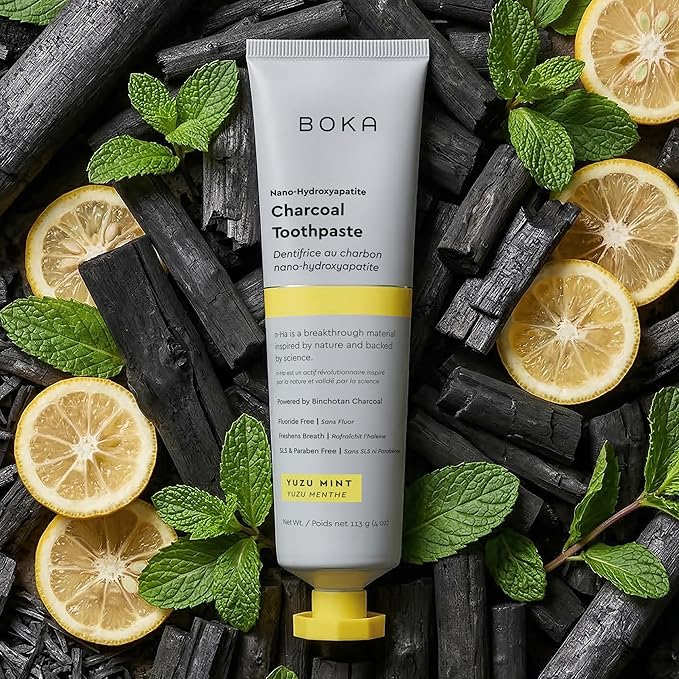 Boka Fluoride Free Toothpaste, Nano Hydroxyapatite Toothpaste, Appropriate for Sensitive Teeth - for Adult Oral Care - Charcoal Yuzu Mint Flavor, 4 Fl Oz 3Pk US Manufactured