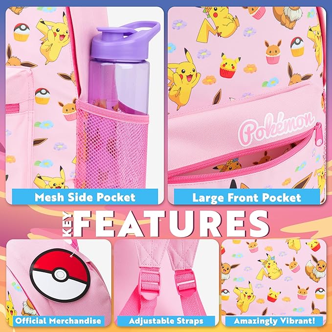 Pokemon Backpack for Kids Teens Boys Girls, Pikachu Anime Backpacks, Bag for Daycare Sports Vacation Travel, School Gift (Pink)