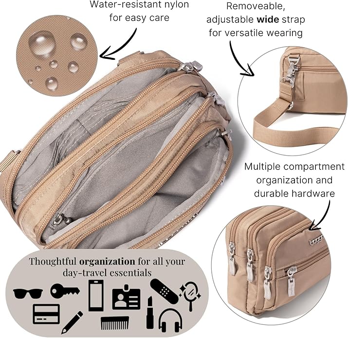 Baggallini Triple Zip Small Crossbody Bag for Women - Lightweight Convertible Fanny Pack Belt Bag