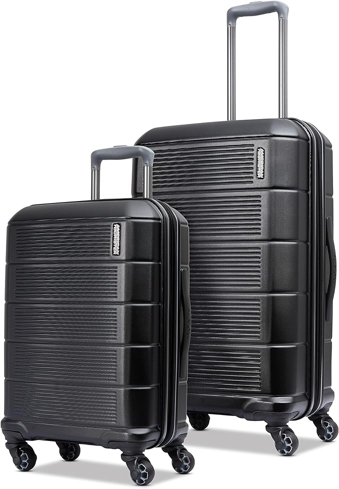 American Tourister Stratum 2.0 Hardside Expandable Luggage with Spinners, Jet Black, 2PC SET (Carry-on/Medium)
