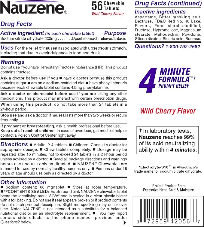 Nauzene Non-Drowsy Upset Stomach & Nausea Relief Chewable Tablets | 4-Minute Formula | Doctor Recommended | Wild Cherry Flavor | 56 Count