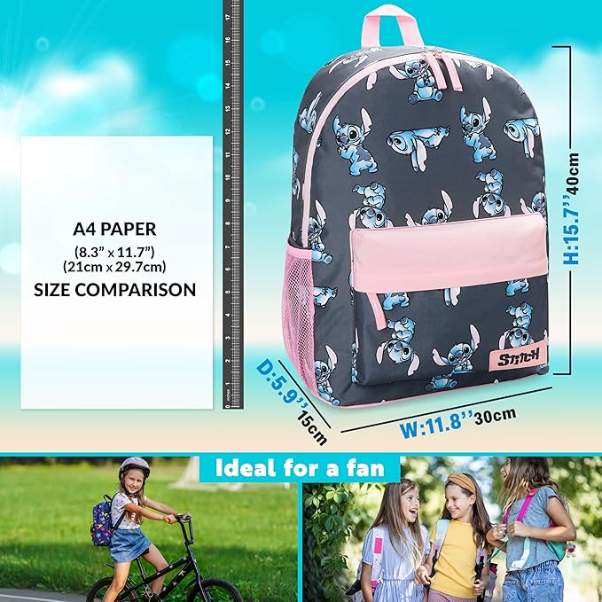 Disney Stitch Backpack for Girls Teens School Bag Kids Book Bag School Supplies Gifts (Navy/Pink)