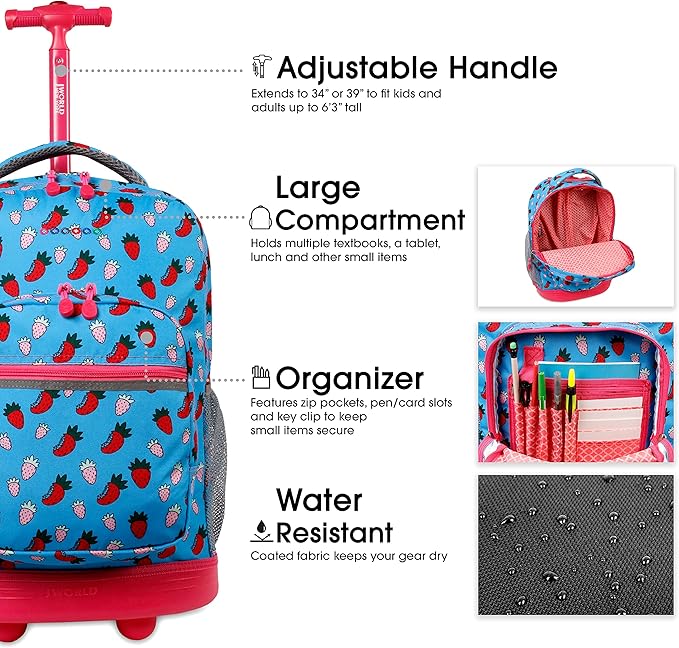 J World Sunrise Kids Rolling Backpack for Girls Boys. Roller Bookbag With Wheels For School, Strawberry