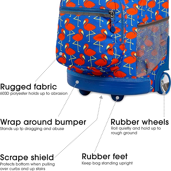 J World Sunrise Kids Rolling Backpack for Girls Boys. Roller Bookbag With Wheels For School, Flamingo