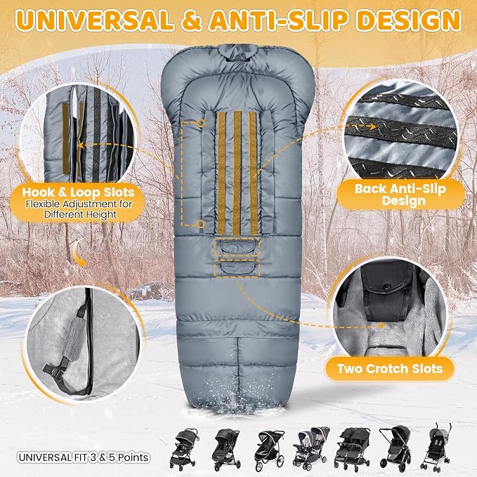Orzbow Stroller Footmuff Universal - Weather-Proof Bunting Bag for Toddler, Warm Fleece Sleeping Bag for Cold Weather, Easily Attaches to Most Strollers, Baby Boys Girls Winter Essentials, Grey