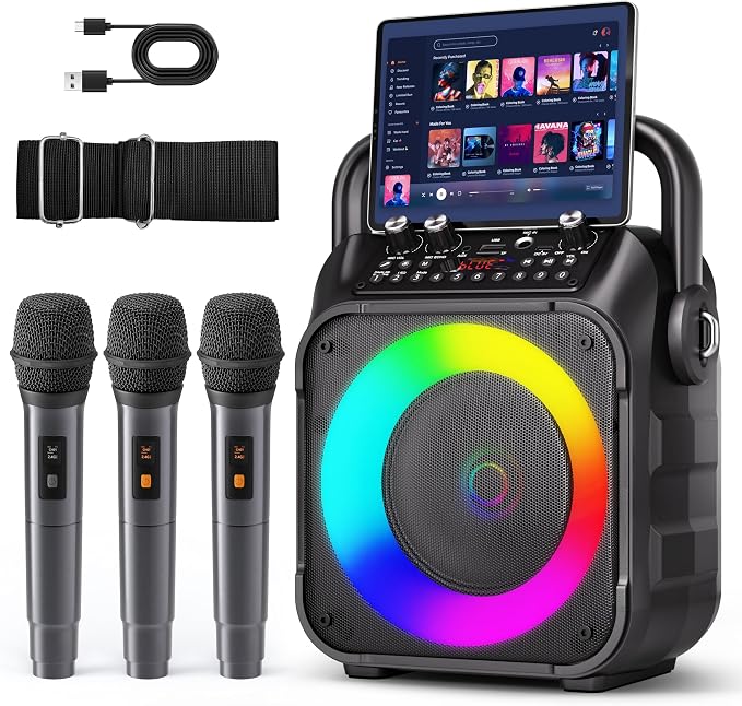 Karaoke Machine, Portable Bluetooth Speaker with 3 Wireless Microphones for Adults & Kids with Lights, Karaoke Microphone with PA System Supports USB/TF/FM/AUX for Home Party Home System Packages