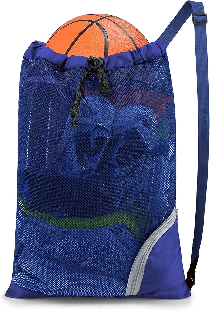 BeeGreen Mesh Drawstring Bag Swim Backpack for Beach Pool Sports Gym Draw String Cinch Bags for Swimming Soccer Basketball Gear Blue