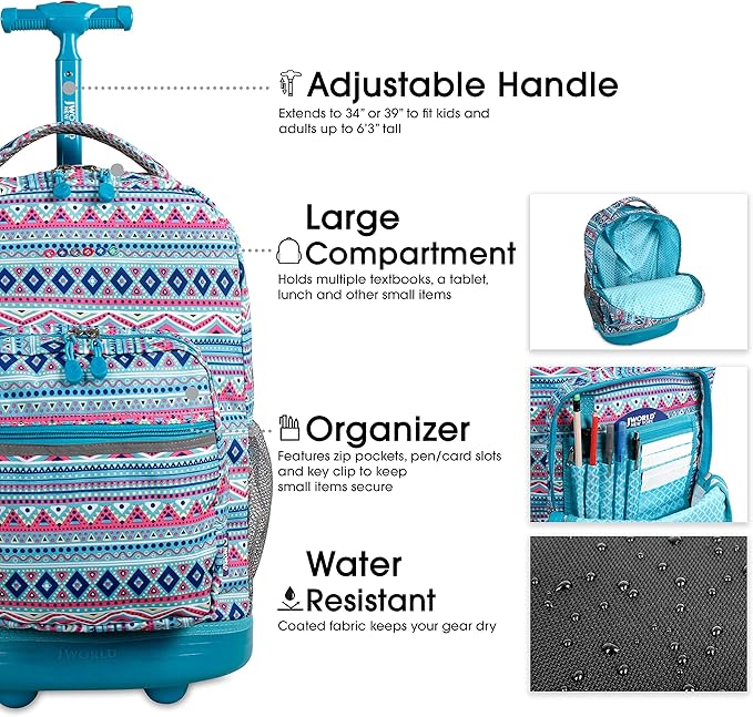 J World New York Sunrise Rolling Backpack Backpack, MINT TRIBAL