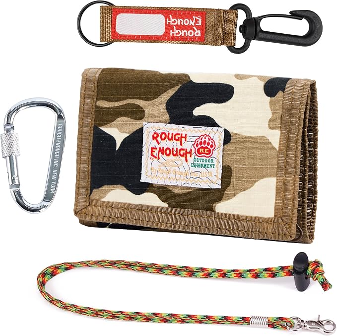 Rough Enough Kids Wallet for Boys Teen with Neck Lanyard Keychain Desert Camo Canvas