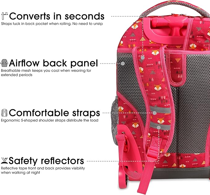 J World Sunrise Kids Rolling Backpack for Girls Boys. Roller Bookbag With Wheels For School, Fox