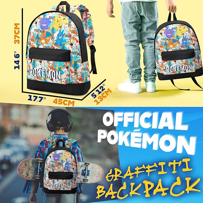Pokemon Backpack for Kids Teens Boys Girls, Pikachu Anime Backpacks, Bag for Daycare Sports Vacation Travel, School Gift (Multi Graffiti)